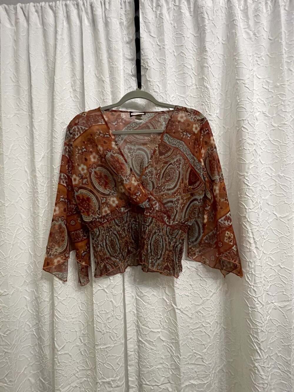 Zoey Beth Blouse Size XL Orange Paisley Chiffon Smocked Boho Top Vintage Y2K